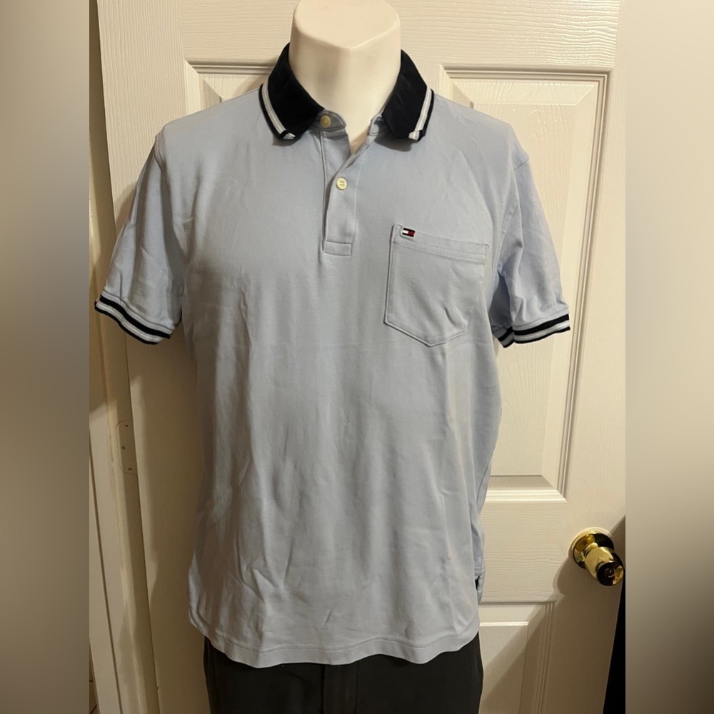 (20) Tommy Hilfiger Men's Sky Blue Polo with Black Collar